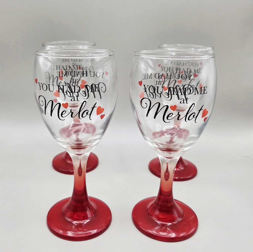 Cristar Red Stem Wine Goblets " You Had Me At Merlot",  Set of 4